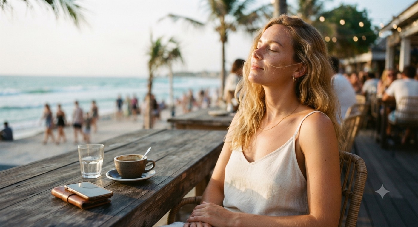 Mujer relajándose en un café frente a la playa, con el móvil a un lado