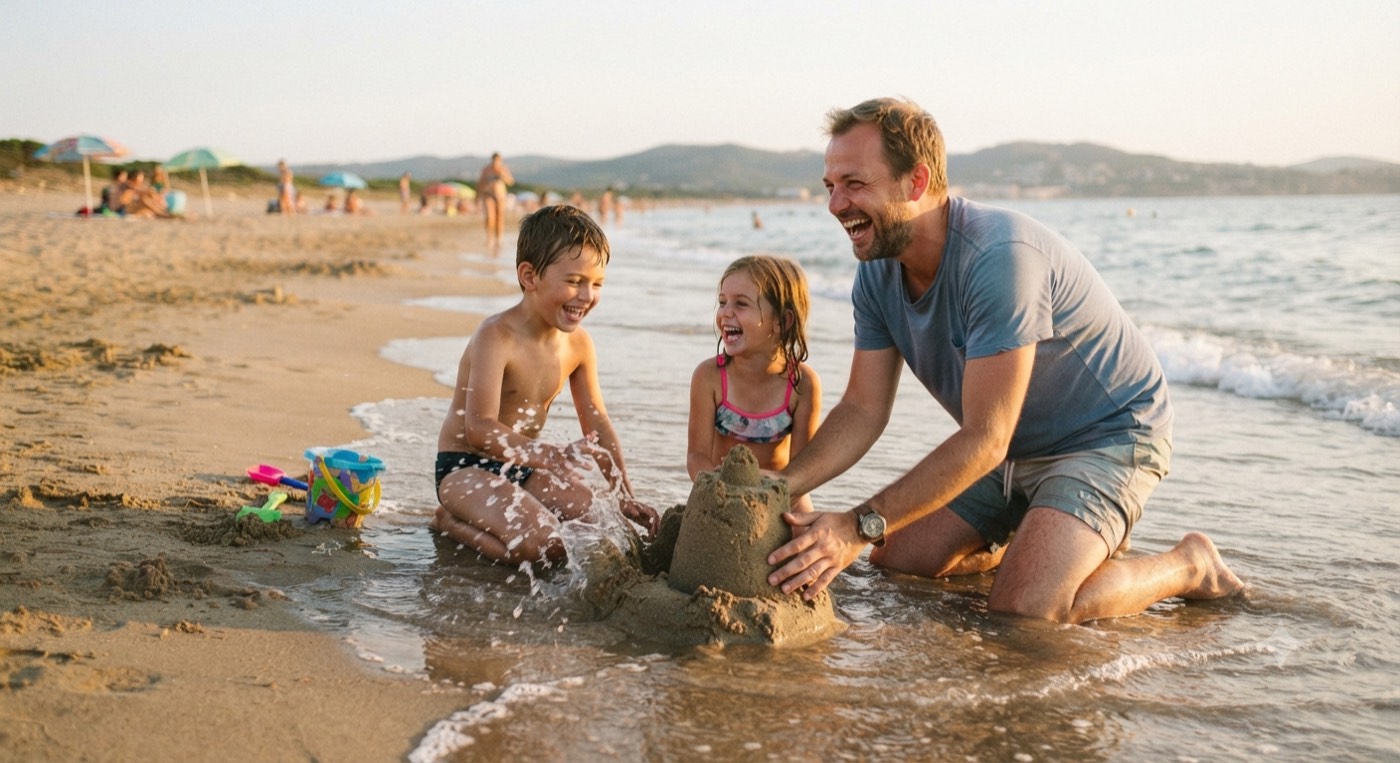 Padre e hijos construyendo un castillo de arena juntos