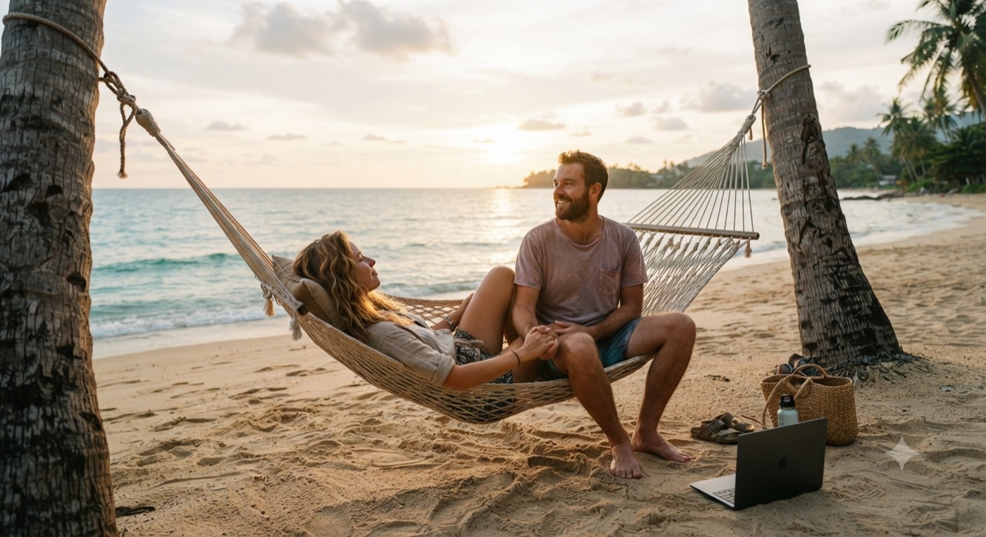 Pareja relajándose en una hamaca en la playa al atardecer